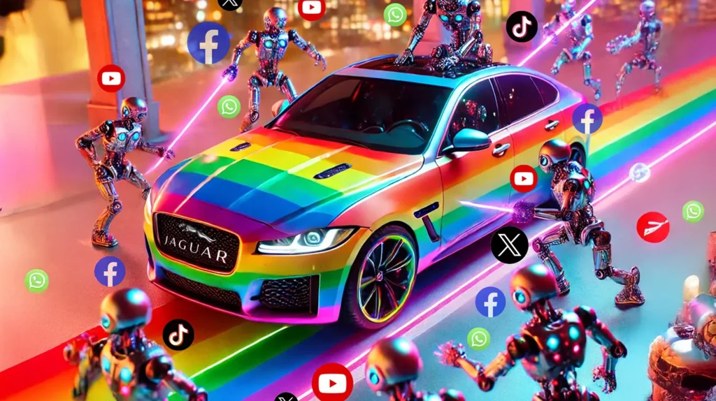 Rainbow-painted Jaguar sedan under attack from metallic robots shooting lasers, surrounded by social media icons symbolizing fake profiles driving online backlash