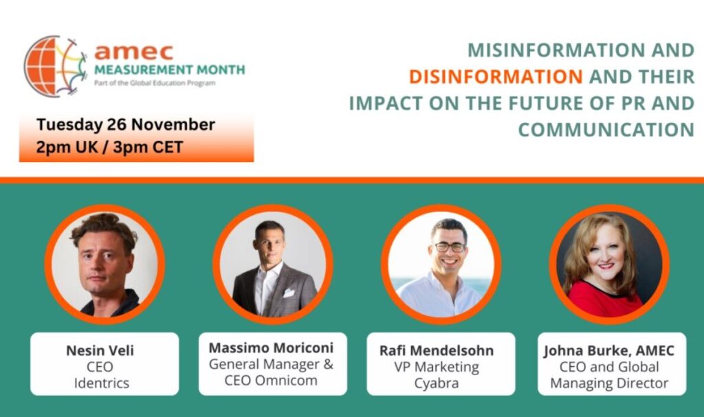 Promotional banner for AMEC Measurement Month webinar titled 'Misinformation and Disinformation and Their Impact on the Future of PR and Communication', scheduled Tuesday 26 November at 2 pm UK / 3 pm CET, featuring headshots of speakers Nesin Veli, Massimo Moriconi, Rafi Mendelsohn and Johna Burke
