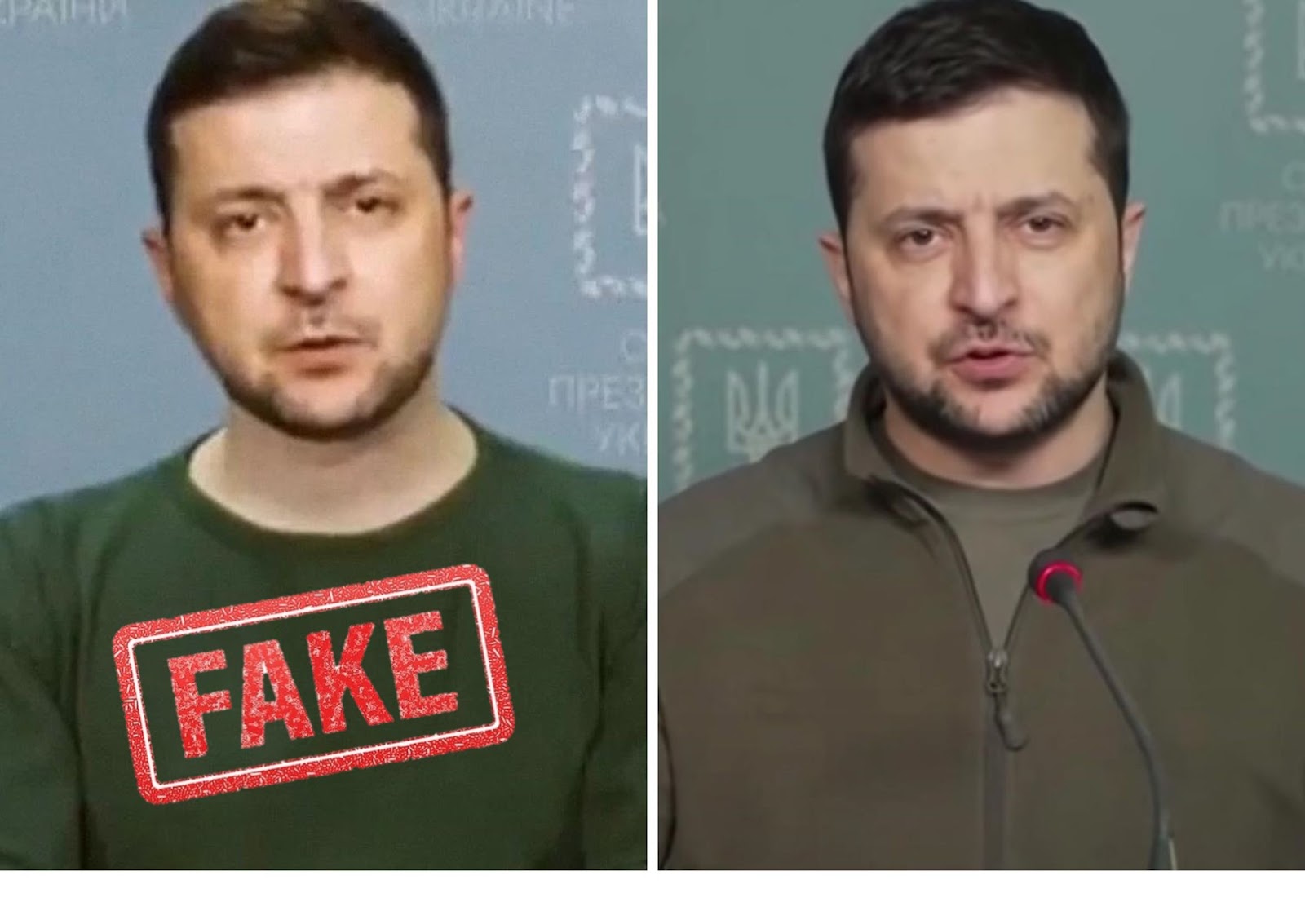 Side-by-side comparison of a male speaker; left panel depicts a grainy deepfake with a red “FAKE” stamp across his shirt, right panel shows the genuine speaker addressing an audience at a podium microphone
