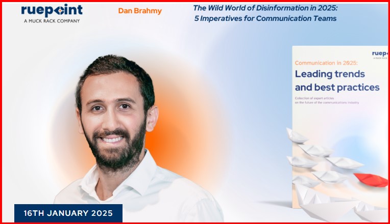Smiling bearded man in a white shirt next to headline about disinformation in 2025 and a booklet titled Communication in 2025: Leading trends and best practices with paper boat graphics