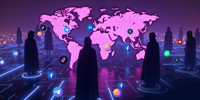 Hooded silhouettes on a digital grid in front of a glowing world map with floating social media icons, representing covert foreign influence on global online platforms
