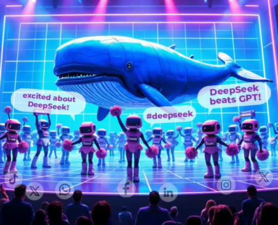 Futuristic stage show with pom-pom waving robots and a giant holographic blue whale surrounded by speech bubbles praising DeepSeek