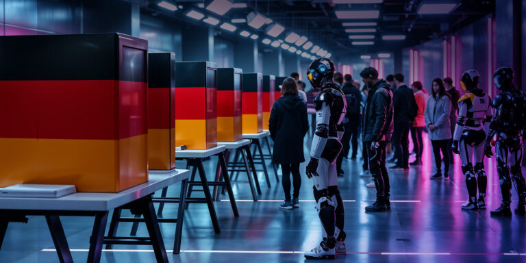 Robots symbolizing social media bots queuing at German flag–decorated voting booths amid human voters in a neon-lit polling station