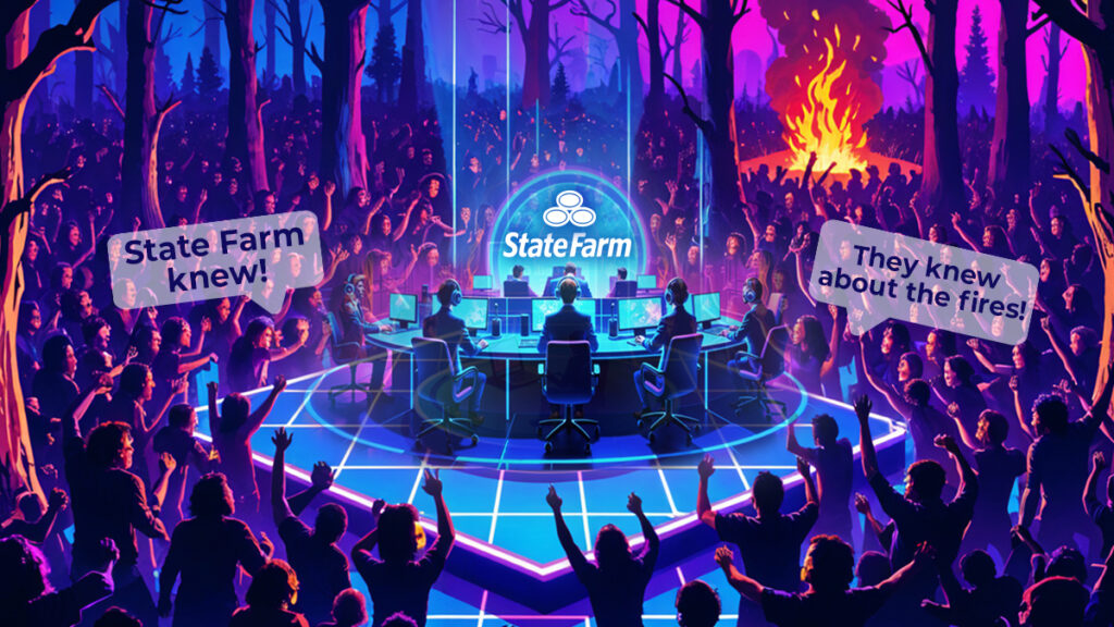 Crowds in a burning forest protest with speech bubbles accusing State Farm of knowing about the fires while analysts in a glowing command center work beneath the State Farm logo