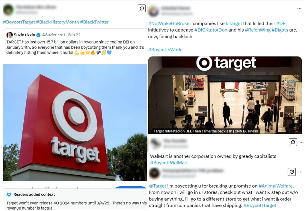Collage of tweets urging a boycott of Target, showing the red Target logo on a store sign and an interior store entrance, with hashtags and comments criticizing the company’s DEI decisions