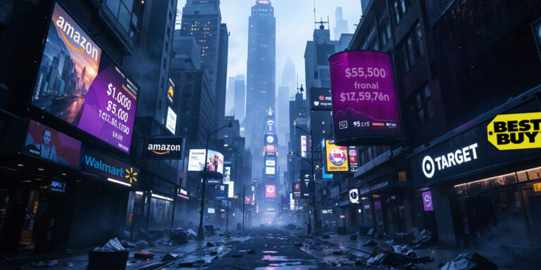Deserted city street resembling Times Square with glowing Amazon, Walmart, Target, and Best Buy signs amid fog and scattered debris, conveying an economic blackout atmosphere