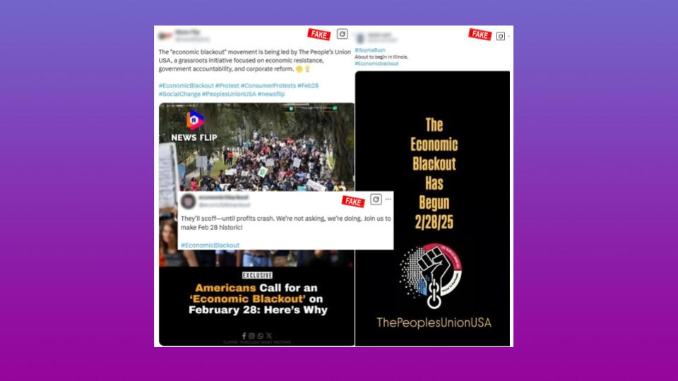 Collage of fabricated social media posts promoting an economic blackout on February 28, 2025, featuring a protest crowd photo, headline snippets, and a black poster with a fist-and-chain logo, all marked fake