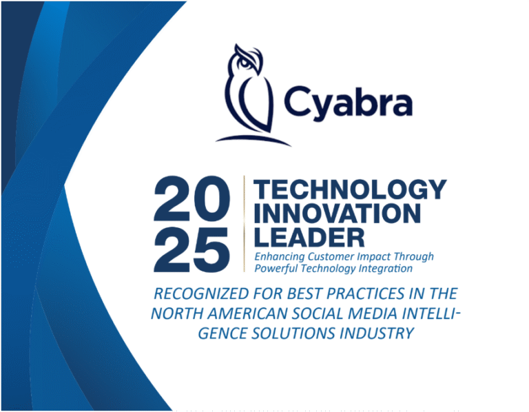 Cyabra 2025 Technology Innovation Leader award graphic from Frost & Sullivan, highlighting best practices in North American social media intelligence solutions