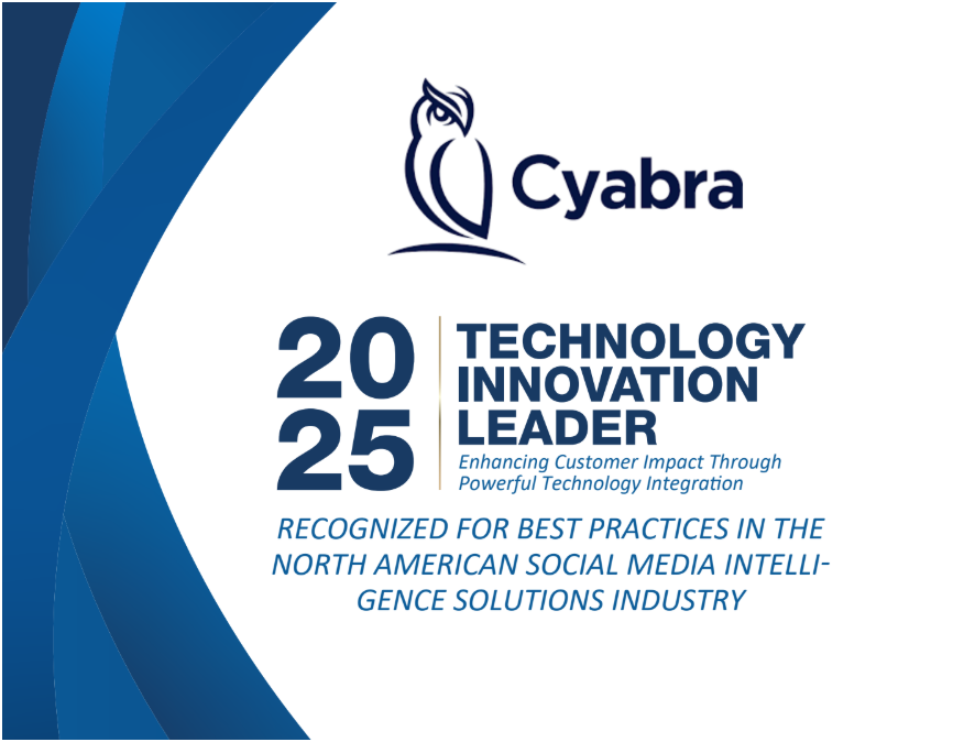 Cyabra 2025 Technology Innovation Leader award graphic from Frost & Sullivan, highlighting best practices in North American social media intelligence solutions