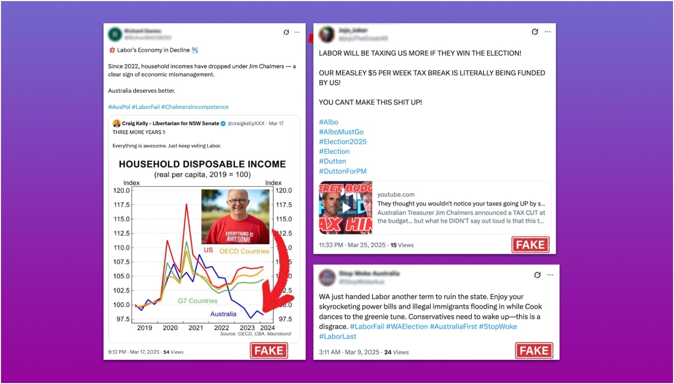 Collage of three fabricated social media posts labeled FAKE that criticize Labor’s economic record, warn of higher taxes and claim Western Australia’s decline, highlighting online disinformation ahead of Australia’s 2025 election