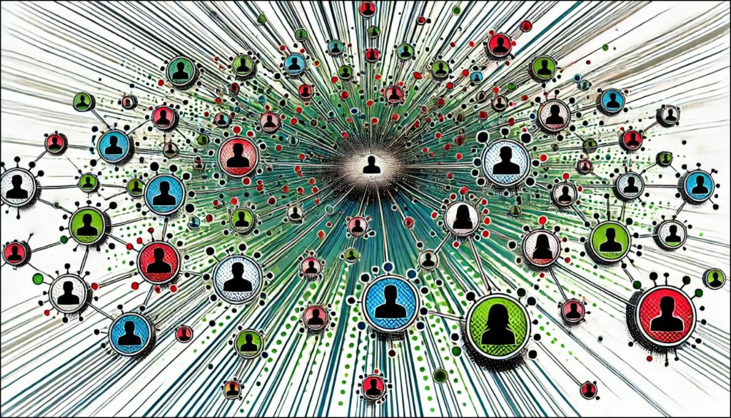 Stylized visualization of interconnected social media profiles illustrating a complex web of influence and information flow, symbolizing online manipulation in UK political discourse