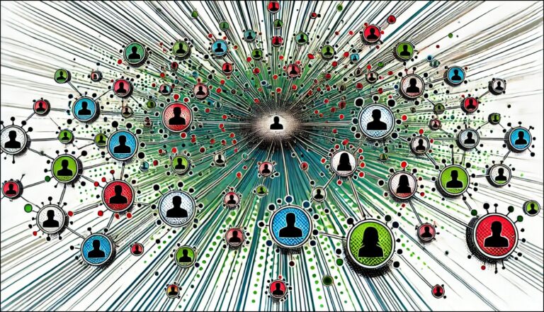 Stylized visualization of interconnected social media profiles illustrating a complex web of influence and information flow, symbolizing online manipulation in UK political discourse