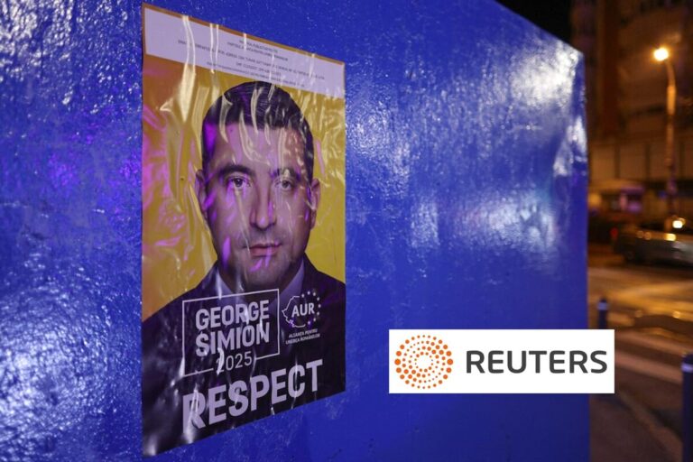 Poster featuring a man’s face with text reading “GEORGE SIMION 2025” and “RESPECT” on a bright blue wall at night, illuminated by purple lighting