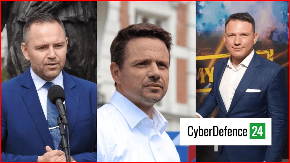 Collage of three suited men in different settings with a CyberDefence24 logo overlay