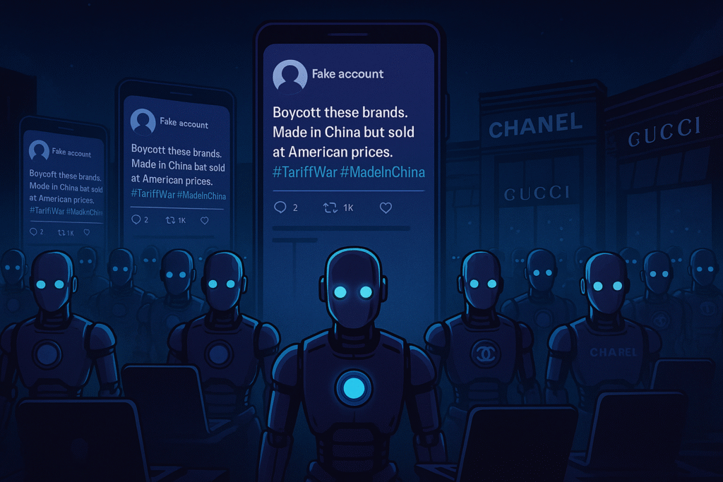 Rows of glowing-eyed robots at laptops generate fake social media posts urging a boycott of luxury brands during the #TariffWar and #MadeInChina debate, symbolizing automated disinformation