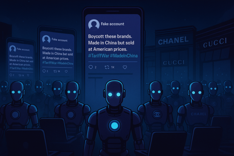 Rows of glowing-eyed robots at laptops generate fake social media posts urging a boycott of luxury brands during the #TariffWar and #MadeInChina debate, symbolizing automated disinformation