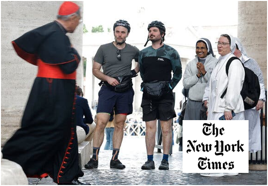 Cardinal in red-trimmed cassock walking past two helmeted cyclists and two smiling nuns near the colonnades of St. Peter’s Square in Vatican City
