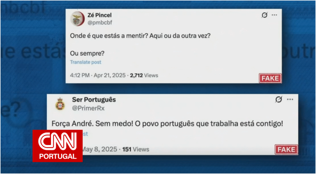 Graphic from CNN Portugal showing two Portuguese social media posts marked with red “FAKE” labels, illustrating Cyabra’s findings of disinformation accounts supporting Chega
