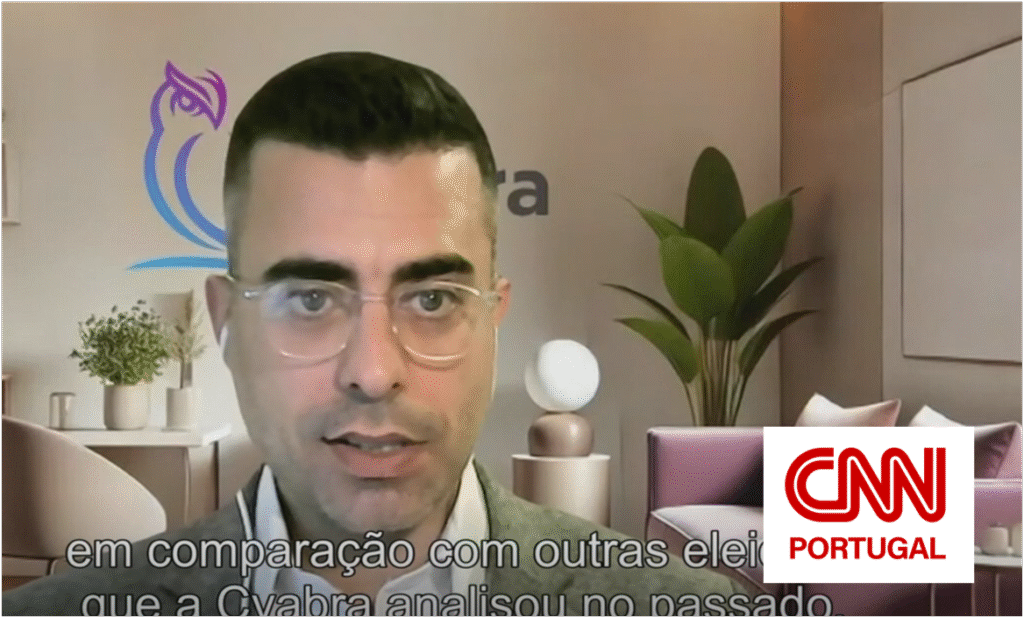 Cyabra analyst speaking in a CNN Portugal video call about fake social-media accounts, with company logo and Portuguese subtitles on screen