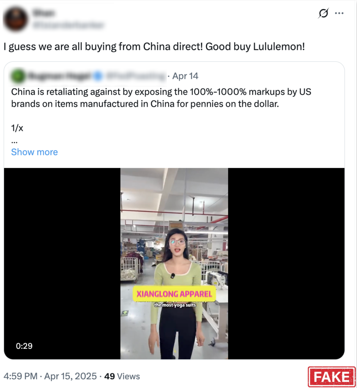 Social media post promoting cheap Chinese apparel, featuring a tweet praising buying direct from China, an embedded video of a woman in a garment factory labeled 'Xianglong Apparel', and a red 'FAKE' stamp in the corner