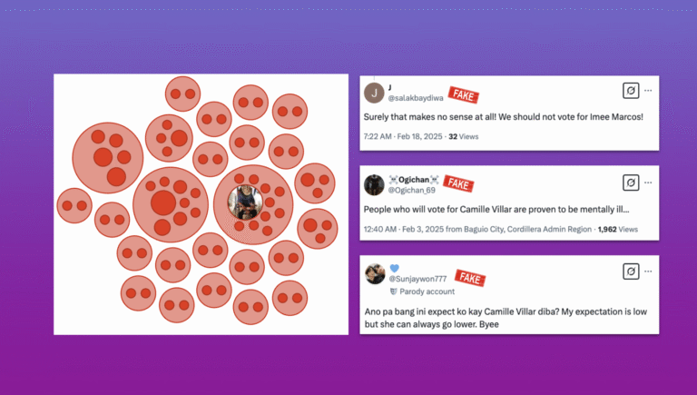 Infographic combining a red bubble network chart of coordinated bot accounts with three fabricated social-media posts marked “FAKE,” attacking Philippine election candidates Imee Marcos and Camille Villar on a purple gradient backdrop