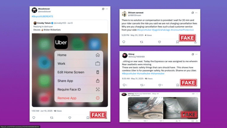 Collage of tweets criticizing Uber and calling for a boycott, each overlaid with a red FAKE stamp