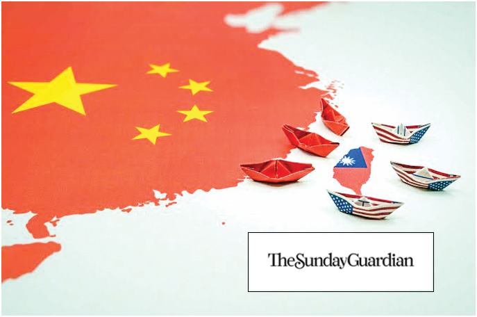 Illustration showing a red map of China with its flag, Taiwan marked with its flag, and paper boats painted with Chinese and U.S. flags sailing toward Taiwan, symbolizing geopolitical tension