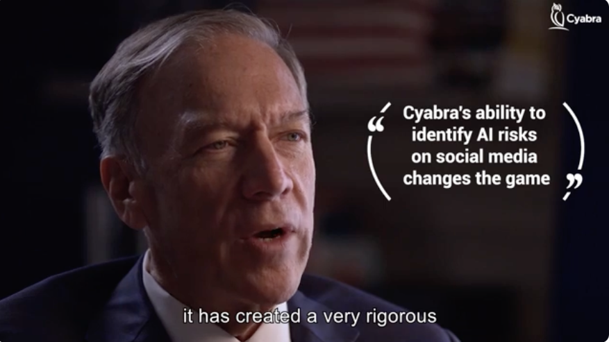Middle-aged man speaking in a video interview, overlayed with the text “Cyabra's ability to identify AI risks on social media changes the game” beside the Cyabra logo