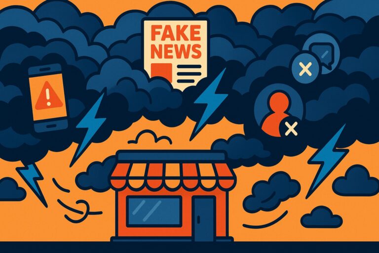 Illustration of a small storefront engulfed by dark storm clouds with a fake news headline, warning icons and lightning bolts, representing the threat of disinformation to SMB brand reputation