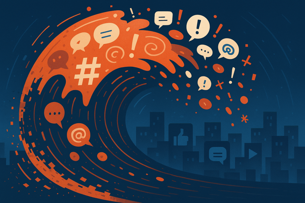 Illustration of a giant wave made of speech bubbles, hashtags and exclamation points crashing toward a silhouetted city, representing an overwhelming surge of social-media backlash
