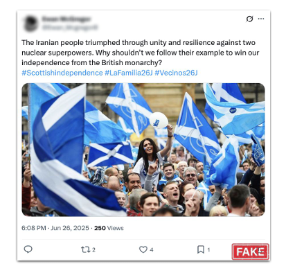 Mock social media post urging Scottish independence, referencing Iran’s struggle, with hashtags and a photo of a crowd waving blue-and-white Scottish flags, stamped red with the word FAKE