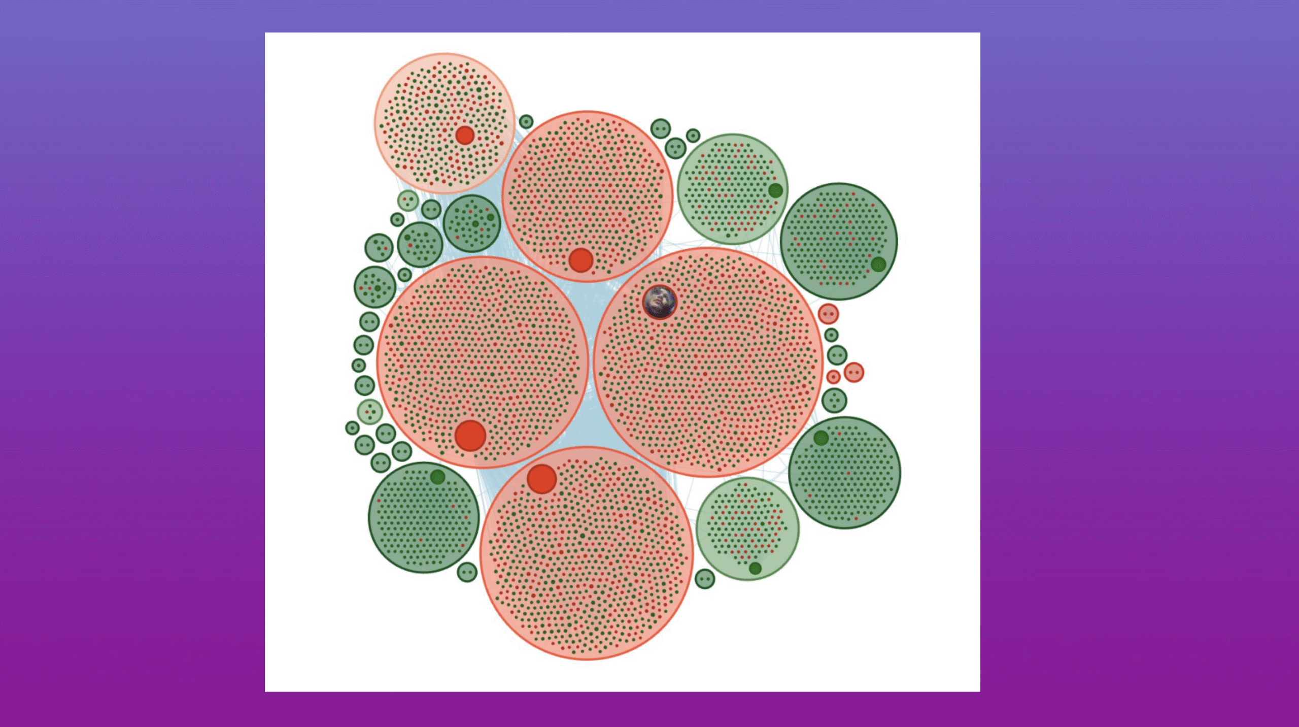 Circular network graph with clusters of red and green nodes illustrating coordinated Iranian online influence accounts and their connections