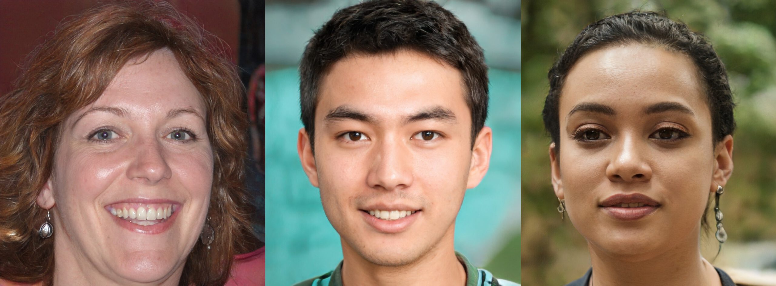 Three AI-generated human faces side by side, illustrating synthetic personas used in disinformation campaigns