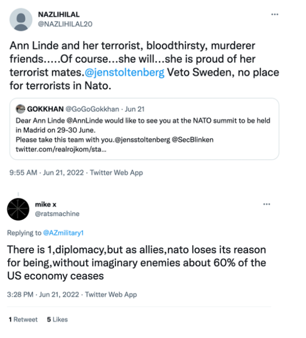 Tweets criticizing Sweden’s foreign minister Ann Linde, calling her a terrorist supporter and urging Jens Stoltenberg to veto Sweden’s NATO membership, plus a reply claiming NATO exists only by inventing enemies