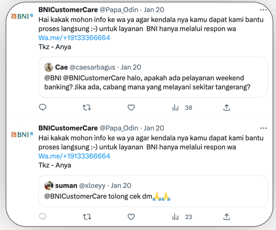 Two identical tweets from fake Twitter account BNICustomerCare (@Papa_Odin) replying to users and directing them to WhatsApp number +1 913 336 6664, illustrating a BNI customer service impersonation scam