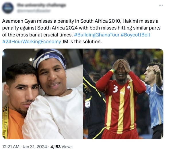 Tweet comparing Achraf Hakimi’s 2024 penalty miss to Asamoah Gyan’s 2010 miss, featuring side-by-side photos of Hakimi hugging his mother and Gyan holding his head in frustration, alongside hashtags #BuildingGhanaTour, #BoycottBolt and #24HourWorkingEconomy