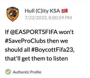Social media message from Hull (C)ity KSA account stating that if EA Sports FIFA doesn’t #SaveProClubs, everyone should #BoycottFifa23