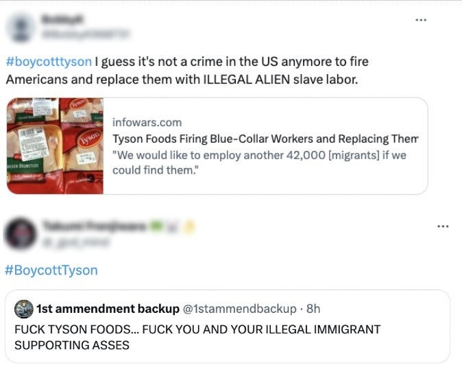 Social media posts featuring the #BoycottTyson hashtag accusing Tyson Foods of replacing American workers with undocumented immigrants, including an Infowars article preview and profanity-laced comments