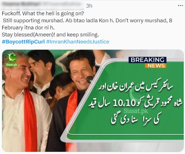 Social media post featuring profanity and the hashtags #BoycottRipCurl and #ImranKhanNeedsJustice, followed by an embedded news-style photo of two smiling men wearing red scarves at a rally; a green panel labeled "BREAKING NEWS" shows Urdu text stating that Imran Khan and Shah Mahmood Qureshi have been sentenced to 10.10 years in prison