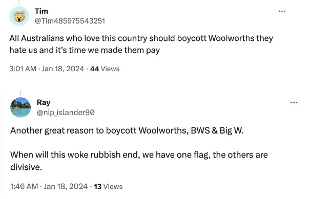 Screenshot showing two tweets from accounts named Tim and Ray calling on Australians to boycott Woolworths, BWS and Big W, accusing the retailer of hating the country and promoting divisive woke ideas