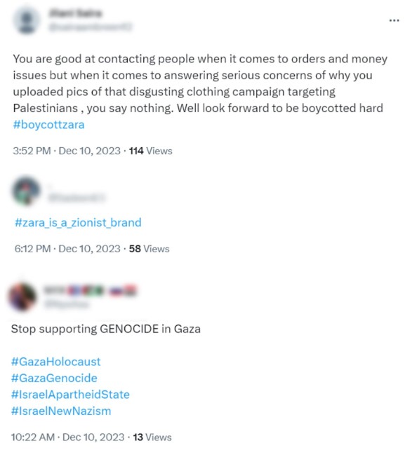 Screenshot of three X posts from December 10, 2023 criticizing Zara’s campaign and calling for a boycott with hashtags such as #boycottzara, #zara_is_a_zionist_brand and #GazaHolocaust, each showing view counts and timestamps