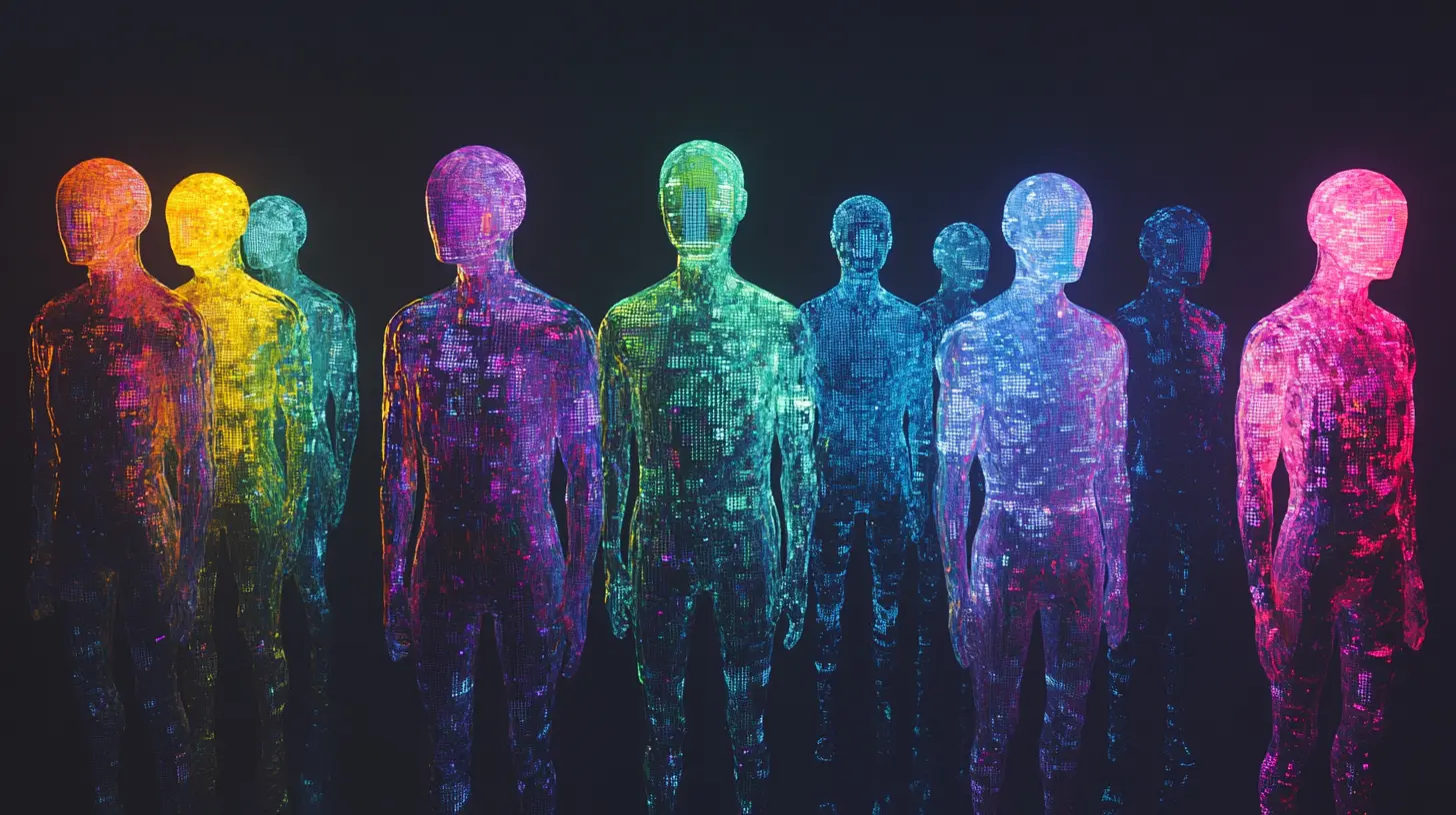 Multiple colorful humanoid figures made of pixelated data, representing online personas and the spread of brand disinformation