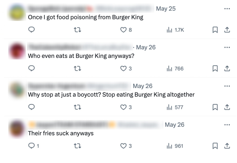 Four Twitter posts criticize Burger King, mentioning food poisoning, questioning who eats there, urging people to stop eating there altogether, and claiming the fries are bad
