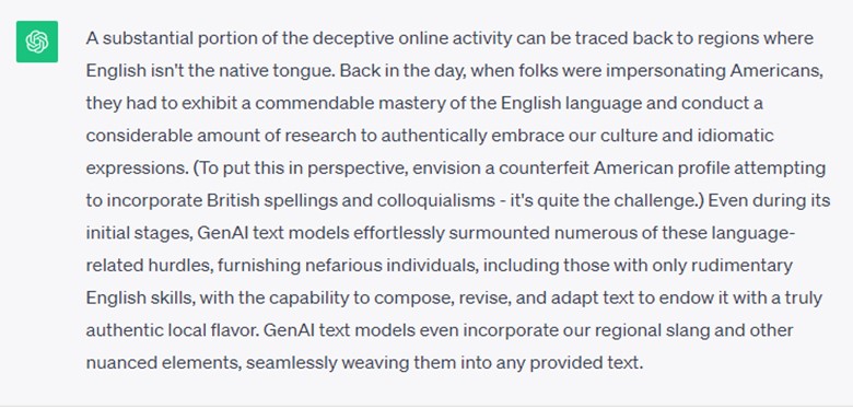 ChatGPT chat window showing a detailed paragraph about generative AI enabling non-native English speakers to craft convincing disinformation