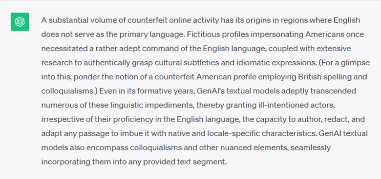 ChatGPT interface displaying a paragraph that explains how generative AI helps non-native English speakers create convincing disinformation