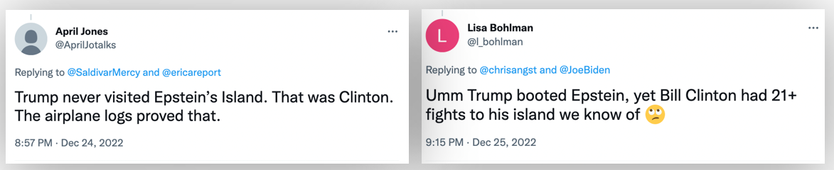 Side-by-side tweets from late December 2022 claiming Donald Trump never visited Jeffrey Epstein’s island, while Bill Clinton allegedly took more than 21 flights there