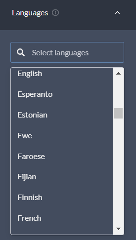 Cyabra platform UI displaying a scrollable dropdown menu for selecting languages, with options such as English, Esperanto, Estonian, Ewe, Faroese, Fijian, Finnish and French