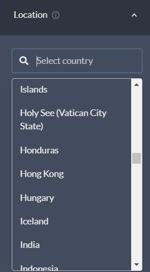 Cyabra platform location filter with a searchable dropdown list of countries including Honduras, Hong Kong, Hungary