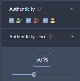 Cyabra interface showing authenticity filter icons and a slider set to 50 percent for authenticity score