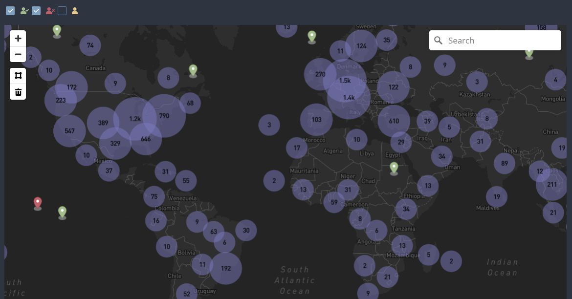 Cyabra platform dashboard showing a dark-themed world map with purple cluster bubbles labeled by conversation counts, map controls, and a search bar